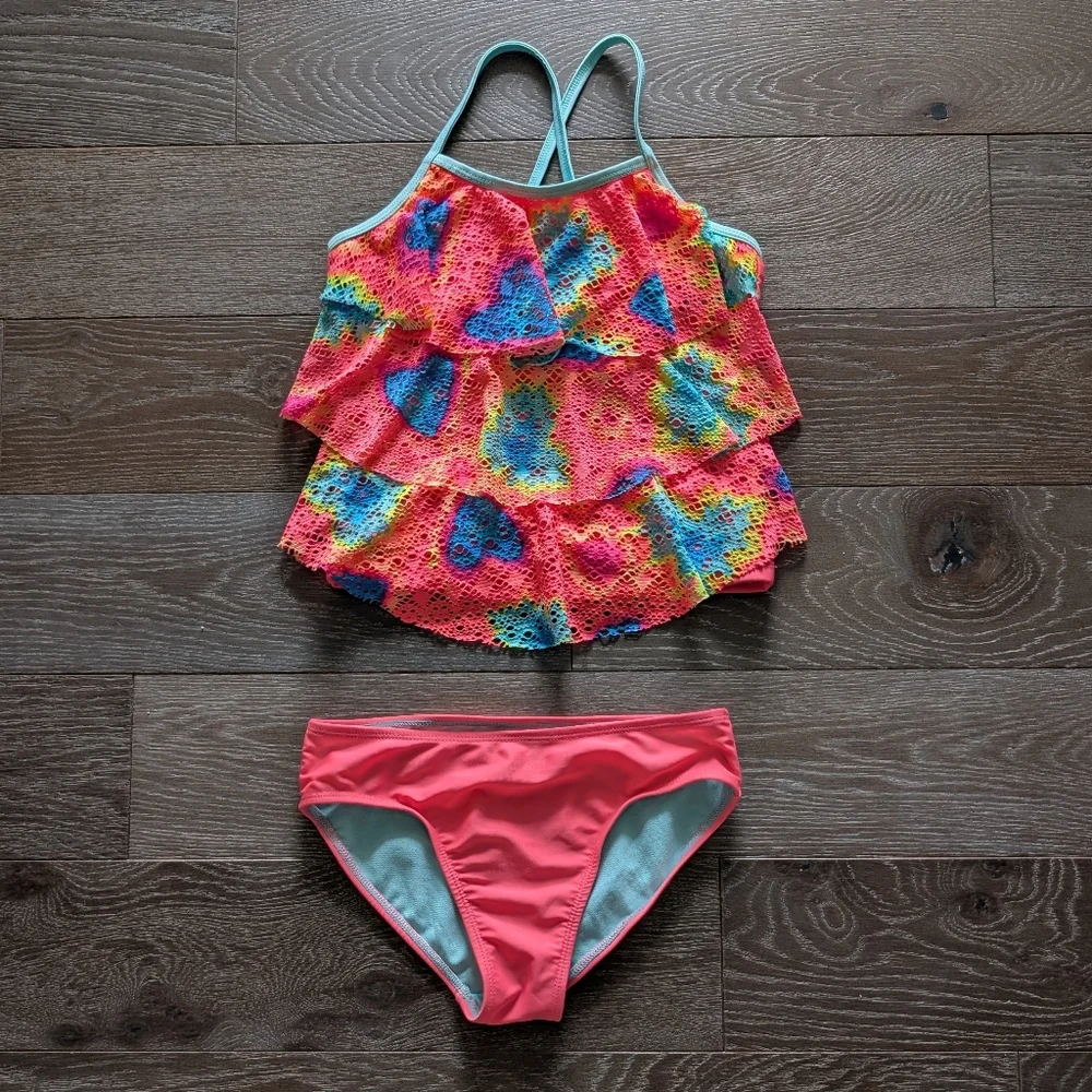 3/$15 - Wonder Nation Neon Coral Layered Ruffle Tankini Size Medium 7-8